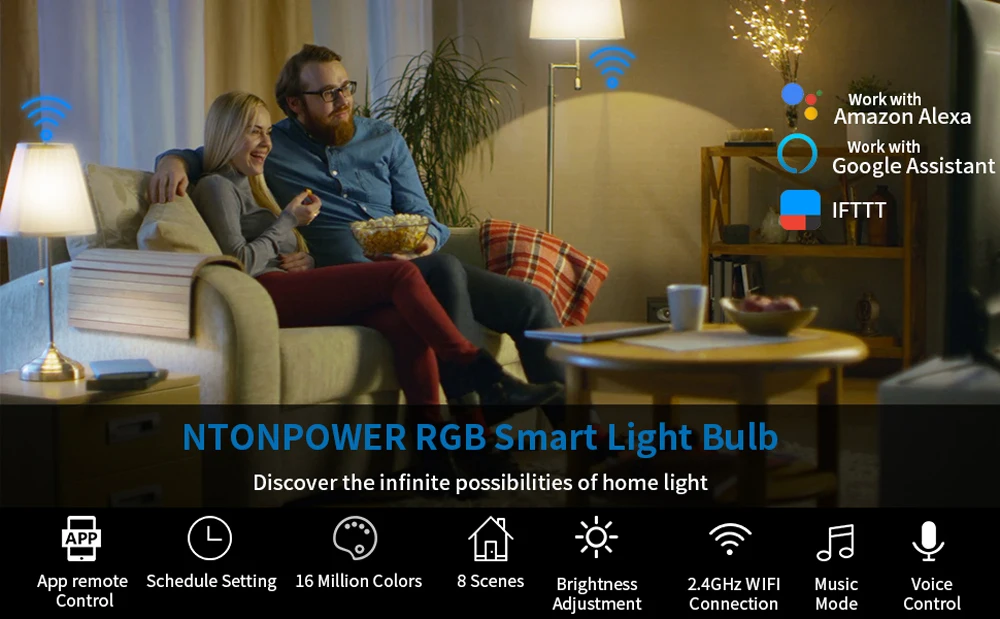 NTONPOWER, умный WiFi светильник, 7 Вт, RGB, волшебный светильник, лампа, E27, лампа с регулируемой яркостью, светильник с функцией пробуждения, совместим с Alexa google Home