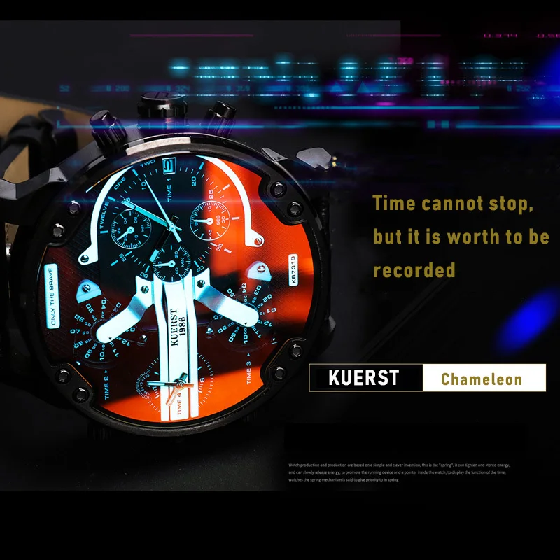 New Men's Large Dial Sports Watch Multi-time Zone Display Military Watch Men Luxury Brand KUERST Waterproof Quartz Watch