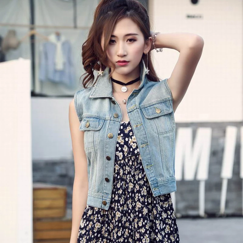 2018 New Spring Summer Women's Jackets Cotton Vest Sleeveless Denim Solid Casual Vintage Blue Embroidery Waistcoat Size S-L | Женская