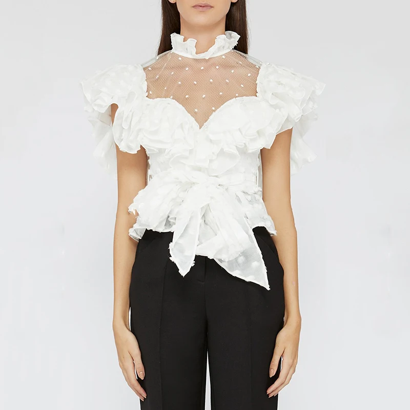 TWOTWINSTYLE Лоскутные кружевные рубашки блузка для женщин стоячий воротник без рукавов бандаж оборки Топы женские летние корейская мода
