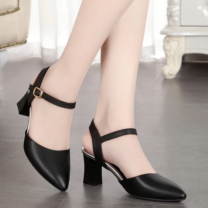 

2019 Summer Pointed Side Empty Women Shoes High Heel Sandals Rhinestone Cowhide Elegant Fashion Sandals Women Leather Sandals