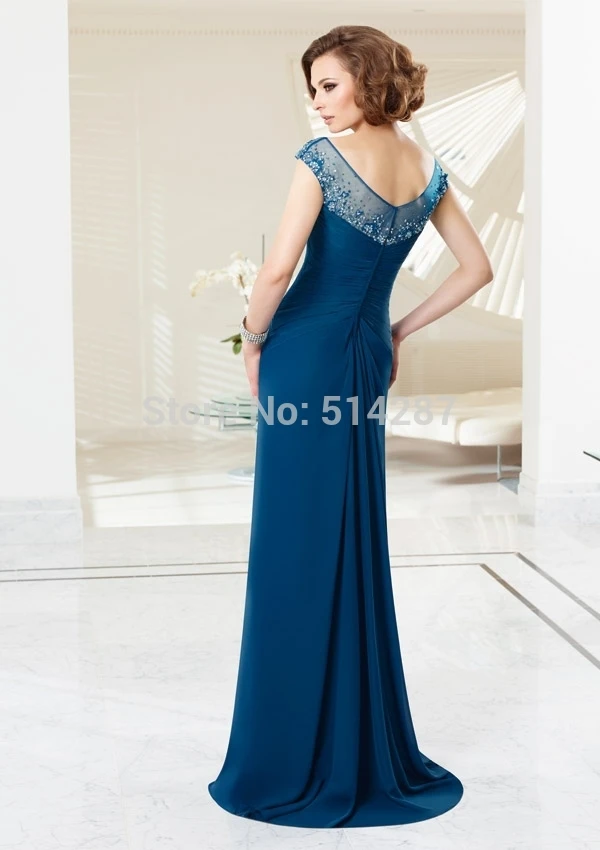 Vestido De Madrinha Elegant Chiffon Blue A-Line Sequined Cap Sleeve Evening Dress Mother Of the Bride Dresses 2014 New Arrival | Свадьбы и