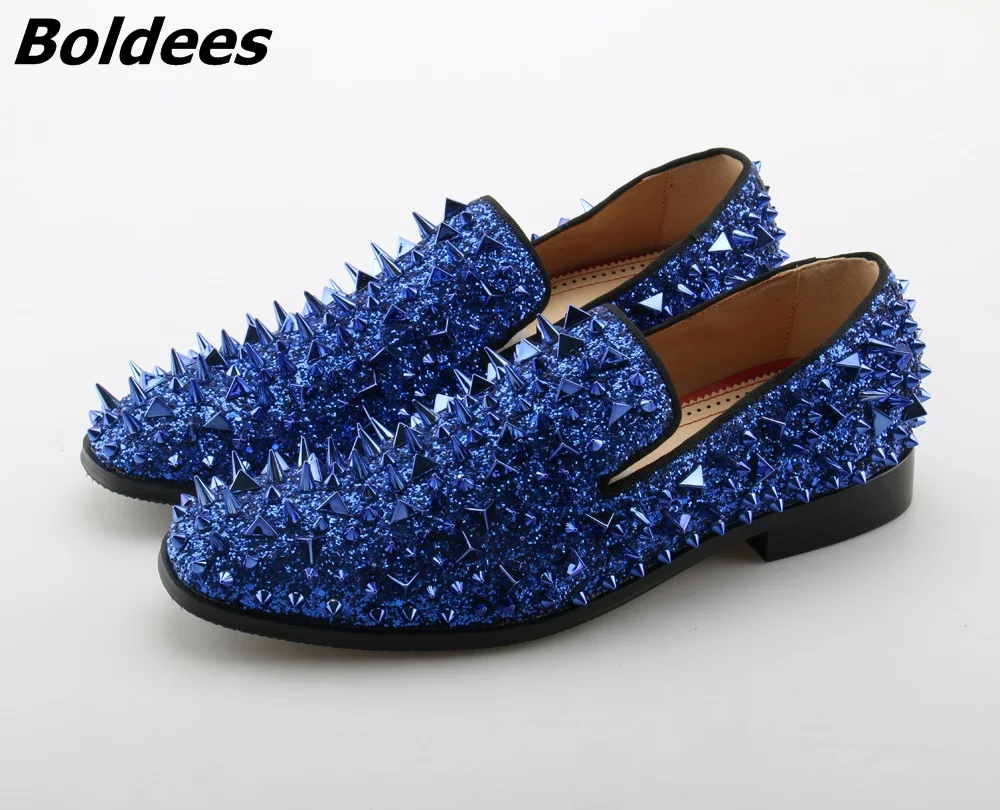 Boldees Runway Fashion Rivets Loafers Top Quality Men Shoes Blue Sequin Spikes Casual Dress Flats | Обувь