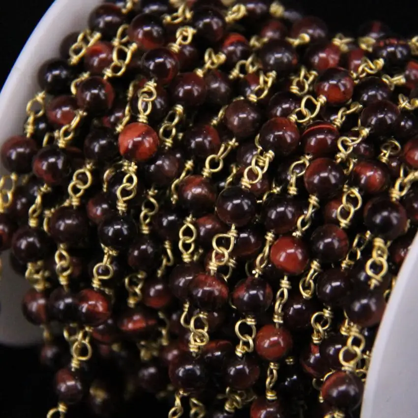 5 метров 6 мм Гладкая круглая цепочка из бисера с красным тигровым глазом|bead chain|brass