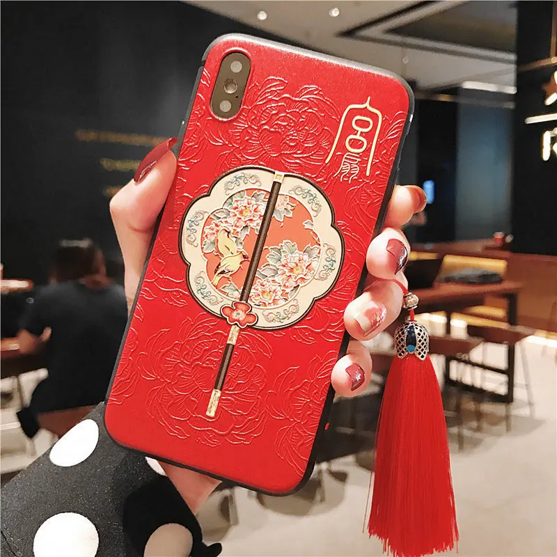 Китайский стиль тисненый чехол для телефона с кисточкой для iPhone 11 Pro Max XS MAX XR мягкая задняя крышка для iPhone X 8 7 6S 6 Plus Coque