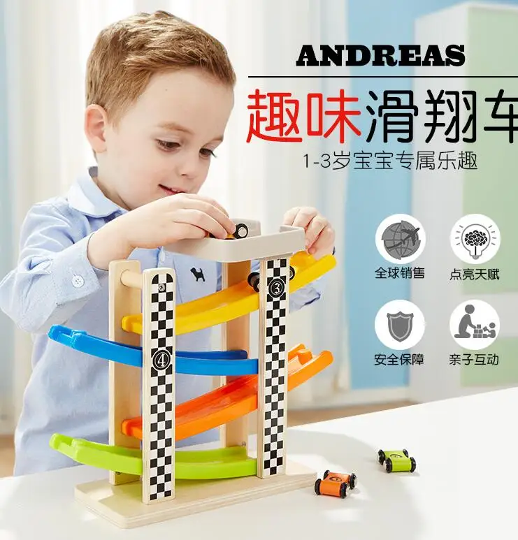 

Candice guo wooden toy baby birthday gift wood speed chute car model racing track switchback racetrack rollbahn-flitzer game set