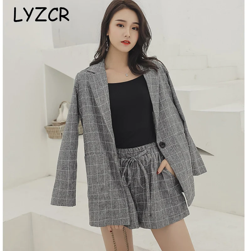 Lyzcr Plaid Office 2 Piece Suit Set Women Plus Size Summer Womens Tops And Shorts Sets two Women‘s large | Женская одежда