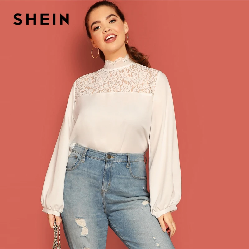 SHEIN Блуза Размера Плюс С Кружевной Вставкой, Блуза С Длинными Рукавами И Ажурной Вставкой