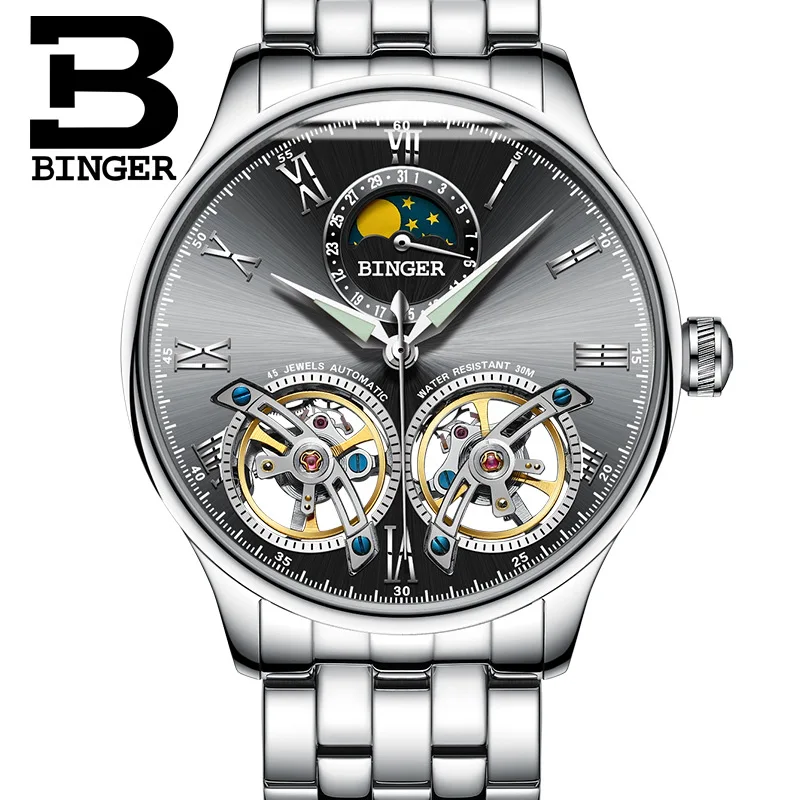 Карнавал бренд для мужчин смотреть двойной Tourbillon механические полые мужские наручные часы Moon Phase календари световой обувь для мальчико