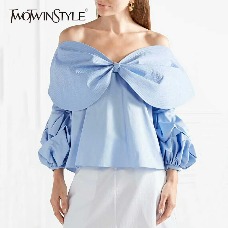 TWOTWINSTYLE Bandeau Bow Shirt For Women Backless Split Lantern Sleeve Short Blouse Autumn Female Fashion Sexy Tops Clothing | Женская