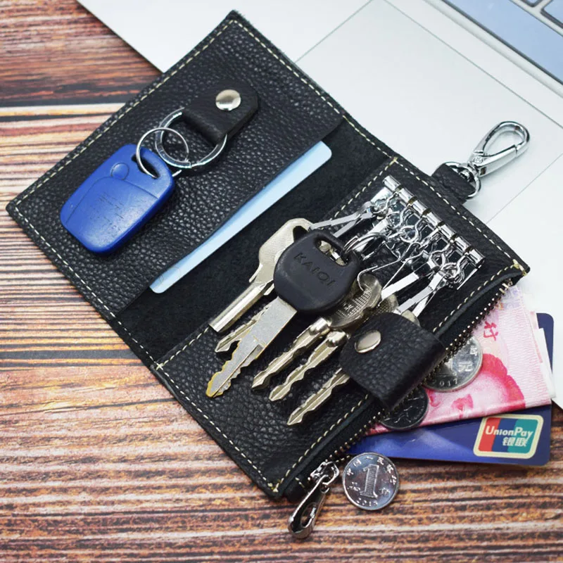 

New Genuine Leather Fashion Men Key Holder Wallet Housekeeper Key Case Mini Zipper Keys Organizer Multifunction Key Case