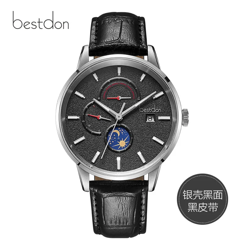 Silver-black Bestdon Мужские Спортивные механические часы Роскошные автоматические Moon Phase часы водонепроницаемые кожаные повседневные Лидирующий бренд Relogio Masculino - Цвет: Silver-black