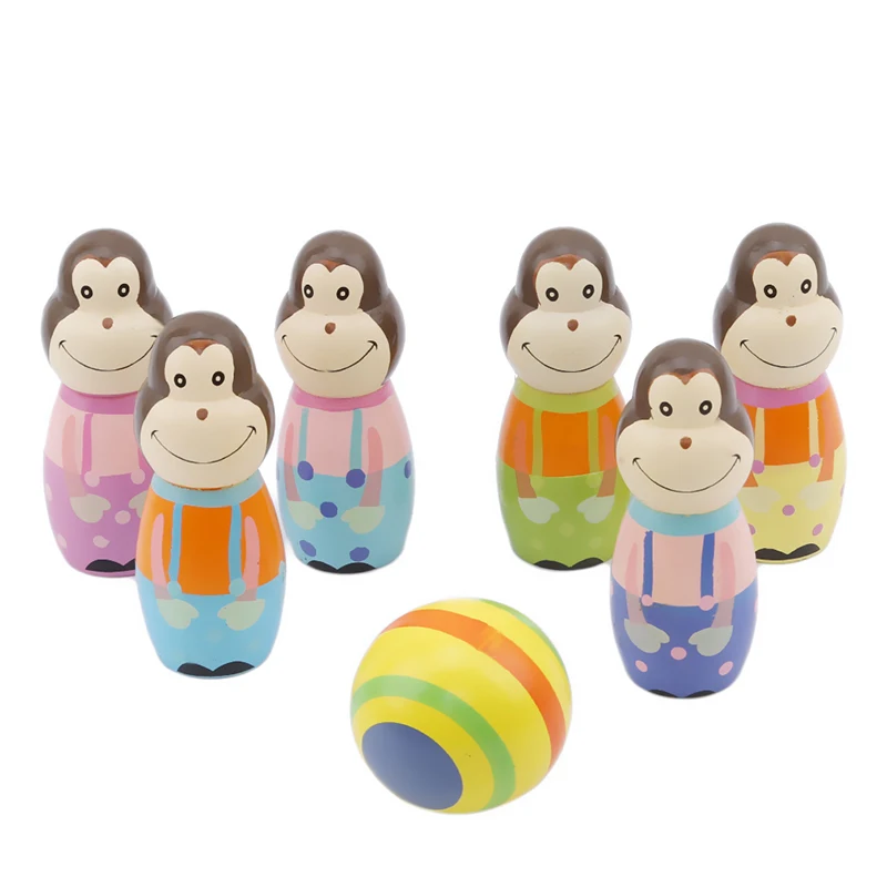 6PCS Monkey Wooden Figures Indoor Mini Toy Bowling Kids Ball Set Fun Development Game Educational Toys For Children Gift | Игрушки и