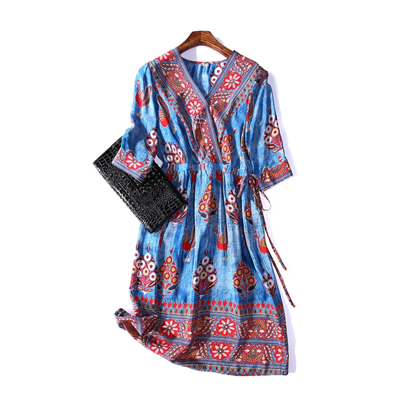 Высокое качество 100% шелковое платье женское с принтом Платья v-образным вырезом