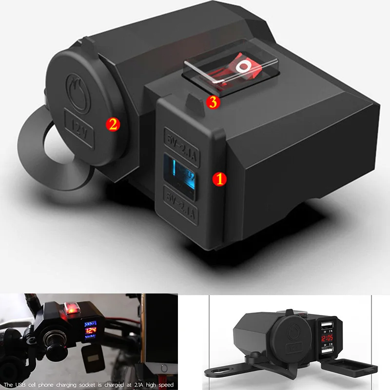 

1pc Black Motorcycle LED Voltmeter Dual USB Charger Cigarette Lighter Socket Outlet With waterproof independent switch
