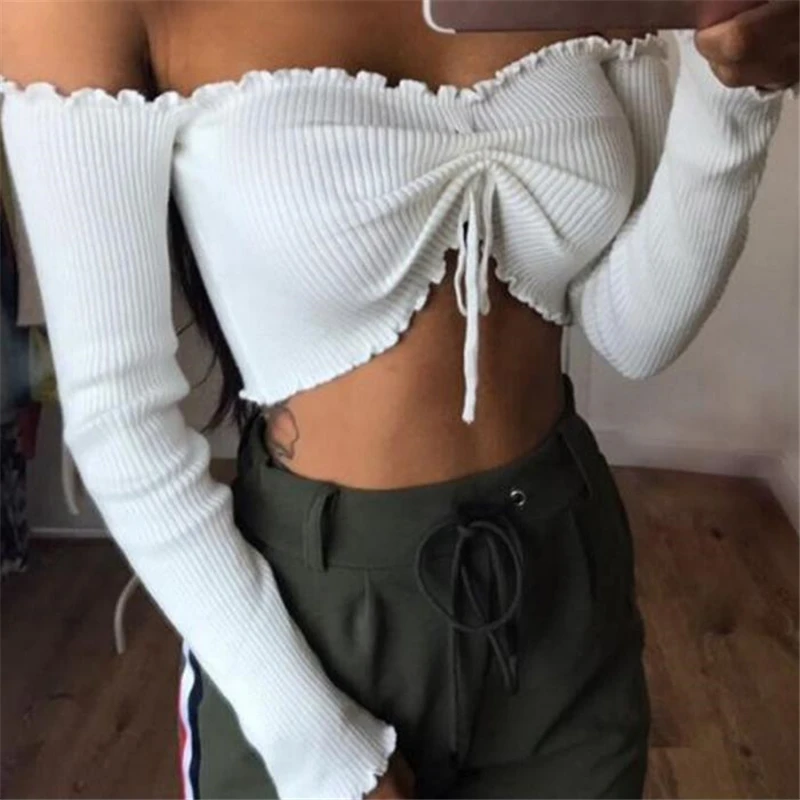 Сексуальный женский трикотажный эластичный укороченный топ с открытыми плечами