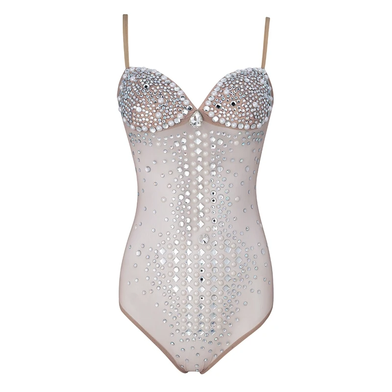 Bqueen 2019 Sexy Women V Neck Sleeveless Bandage Lace Beading Diamond Backless Bodysuits Hollow Out Women Bodycon Summer Hot
