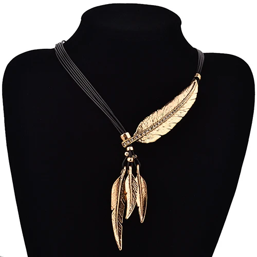 Женщины Черный Веревка Многослойные Перо Листьев Кисти Подвеска Choker Necklace|choker