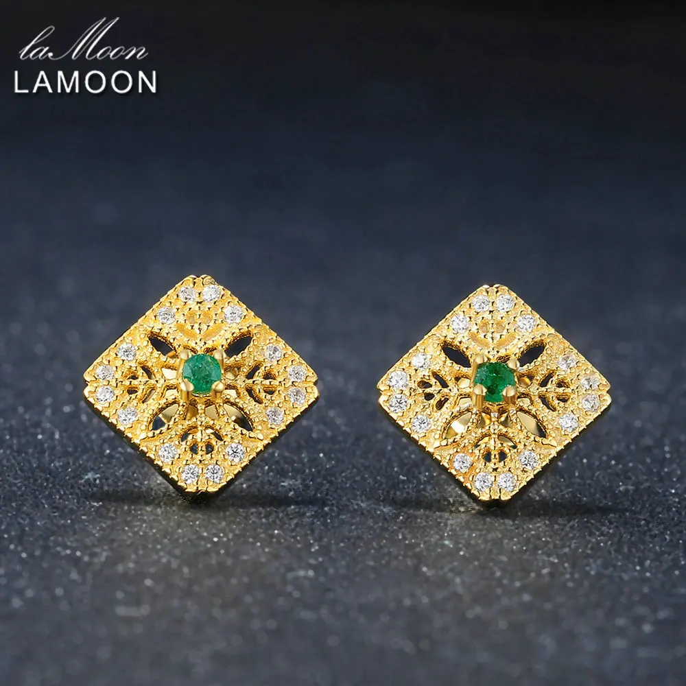 Ламода изысканные серьги гвоздики полые 0.06ct квадратный натуральный изумруд 925