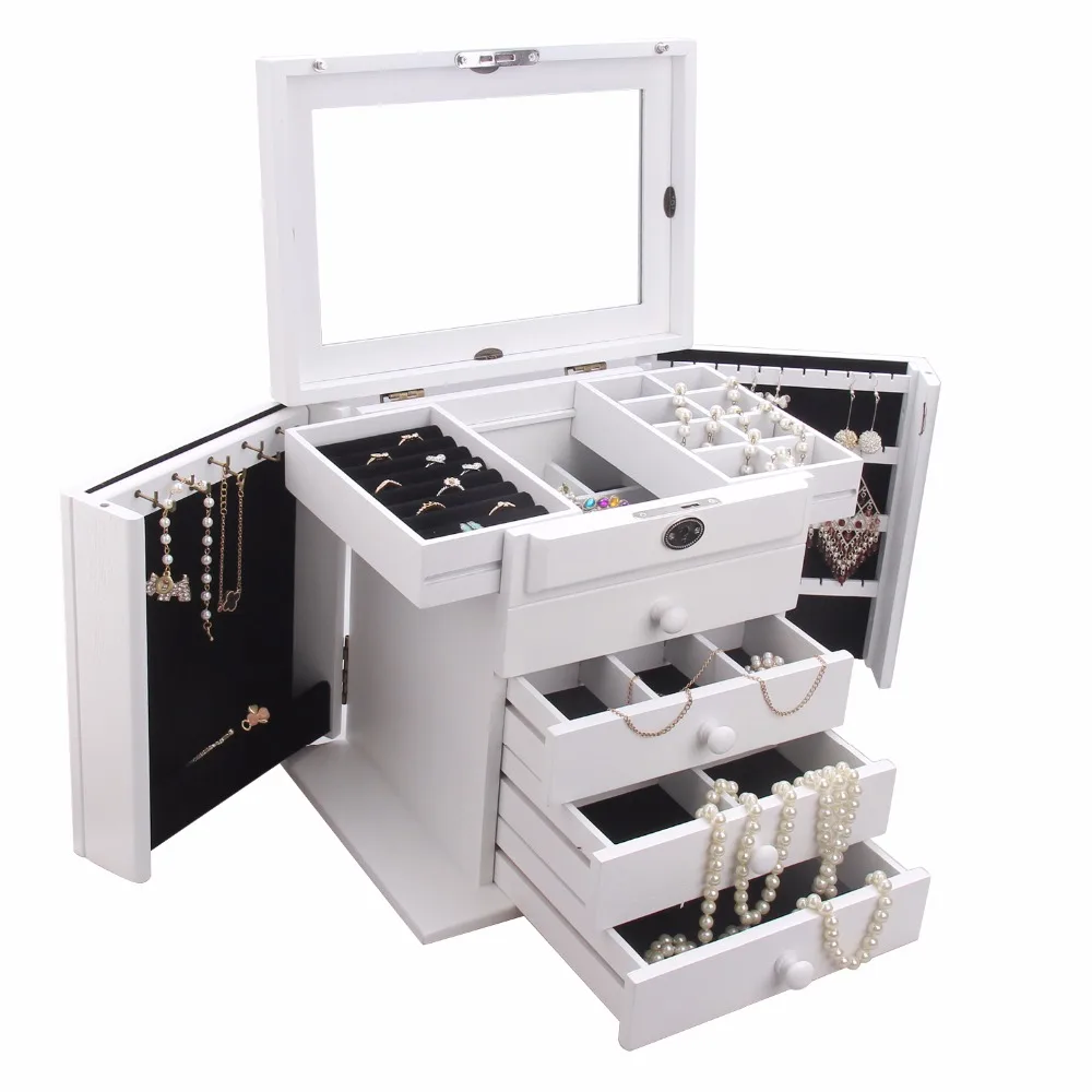 

ROWLING White Large Wooden Storage Boxes With Locks&Key Jewellery Boxes Rings Earring Bracelets Organizer 5 Layers Mirror Holder