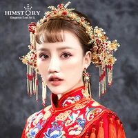 himstory 10pcsset red bridal wedding hairwear vintage chinese wedding tiaras hair piece ancient princess hair stick accessories