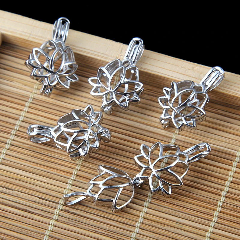 5pcs Silver color Lotus Flower Pearl Beads Cage Charms Locket Essential Oil Diffuser Jewelry Wholesale Copper OM OHM AUM Pendant images - 6