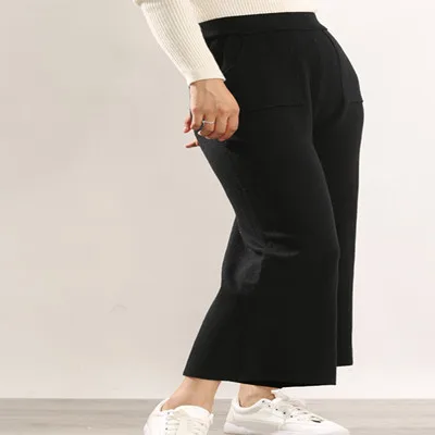 ZEHANGSEA-casual, широкие штаны, 18, зимние новые, с высокой талией, вязаные, свободные, шерстяные, модные штаны, большие размеры, одноцветные, женские модели - Цвет: Черный