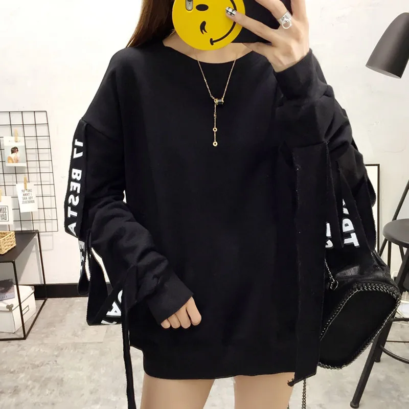 

Fashion Womens Pullover Hoodies Sweatshirts Autumn Korean Ulzzang Harajuku Ribbon Loose Full Length Sweatshirt Female Hoodie Top