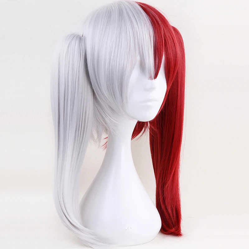 My Boku no Hero Academia Todoroki Shoto Long Natural Wave Double Ponytails Half White And Red Synthetic Cosplay Wig For Hallowee