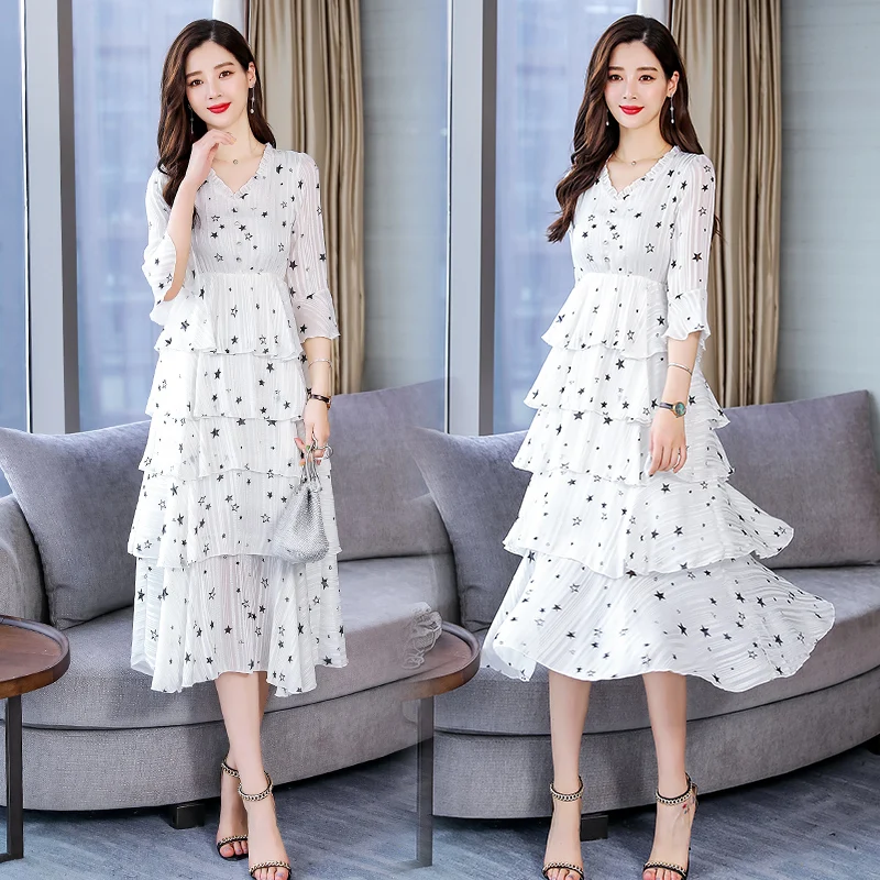 High Quality Bohemian Style 2019 Summer New Arrival V Collar Flare Sleeve Stars Printed Woman Chiffon Long Cake Dress | Женская одежда