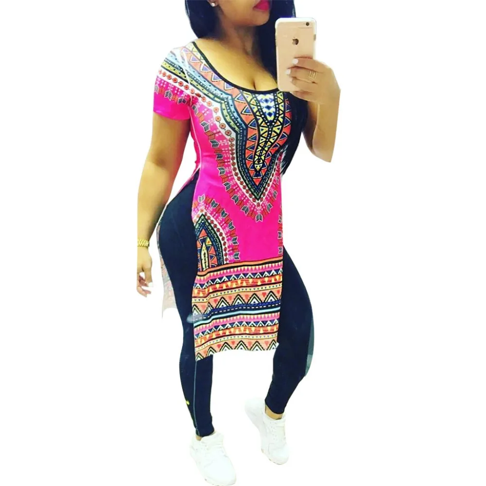 2016 Fashion popular women dress summer Keen-Length O-Neck short sleeve vintage Slit print club dashiki | Женская одежда