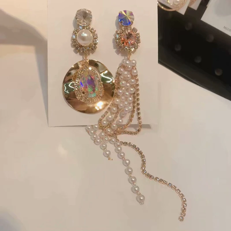Корейские длинные висячие серьги для женщин, букле d'oreille femme, асимметричные серьги, Кристальные блестящие серьги Brincos с искусственным жемчугом