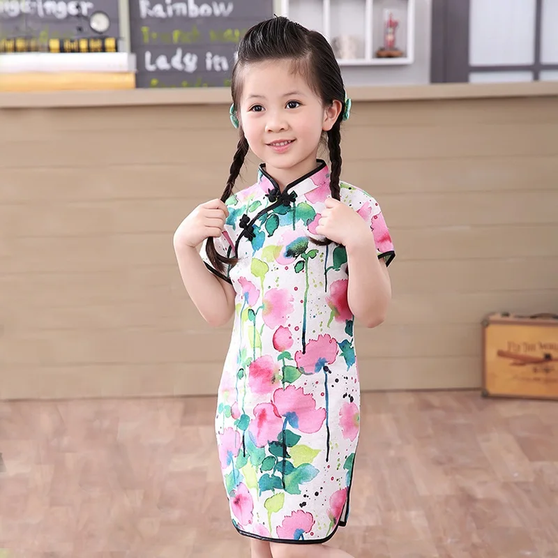 2021 Summer Chinese Qipao Dress Floral Pattern Girls Dresses Cheongsam Wedding Party Costume Children Clothing 2-12Y | Детская одежда и
