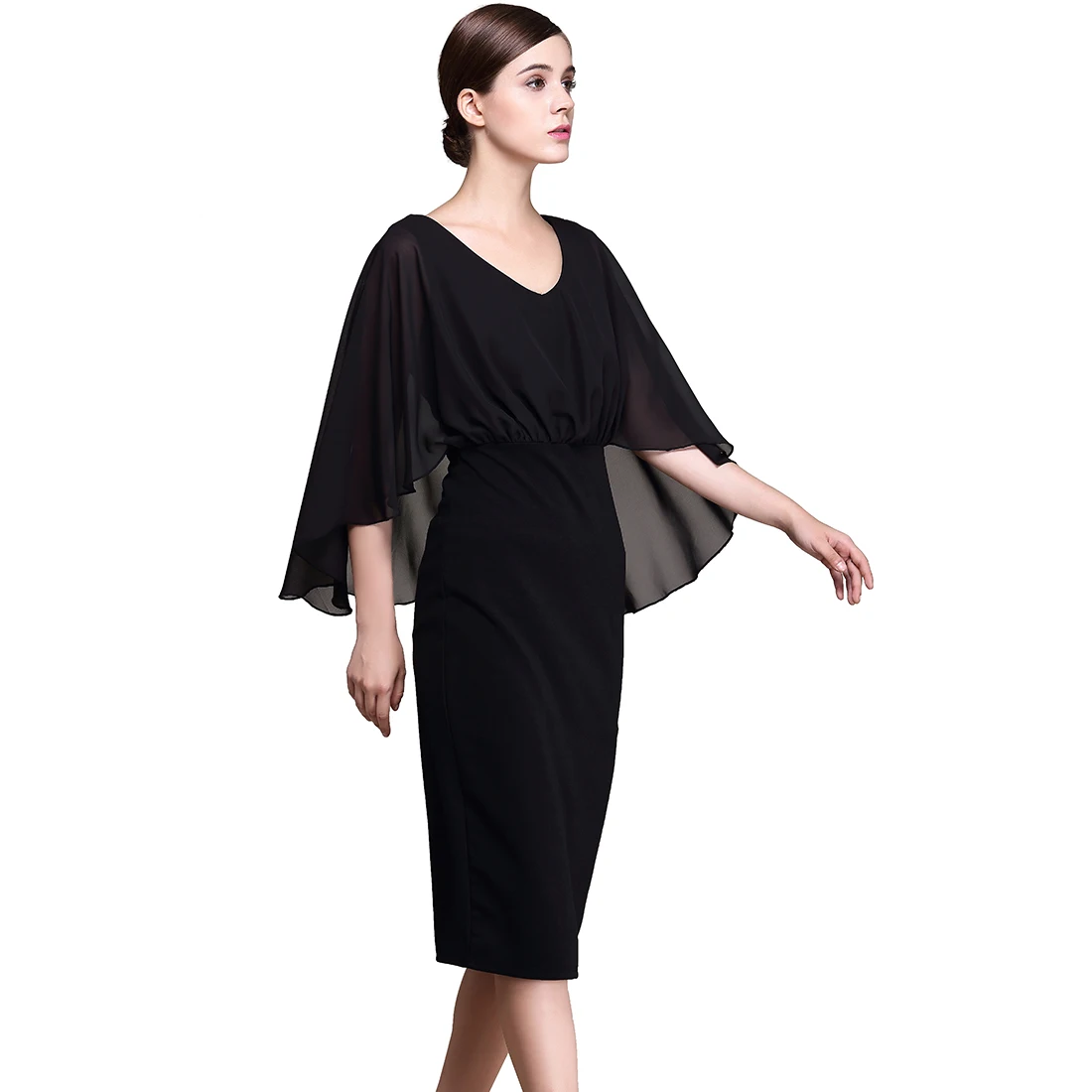 Black Dress Шифон Лоскутная Кабо Рукава Эластичный Bodycon Elegent Карандаш Платья