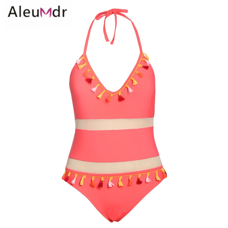 Aleumdr 2019 Новый Цельный купальник сексуальный красный сетчатый пэчворк спортивный
