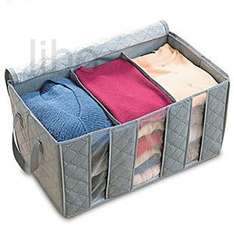 

Clothing storage package Folding storage bag Sub-grid With cover Transparent visible charcoal Fibre Gray large capacity bag