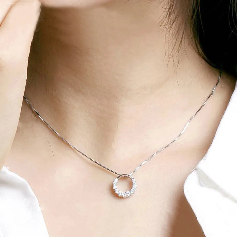 

Wholesale 925 sterling silver fashion round shiny crystal ladies pendant necklace jewelry women short box chain drop shipping