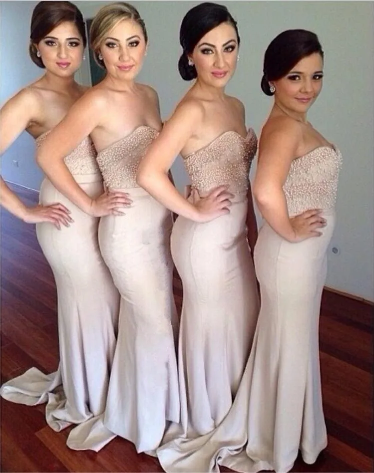 

New Arrival Pearls Beaded Mermaid Bridesmaid Dresses Sweetheart Backless Long Vestidos Floor Length Prom dress formal gown WD89