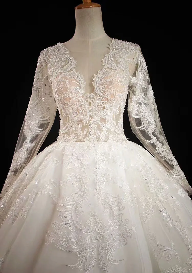 

Robe De Princesse Fille Mariage Gorgeous V-neck Ball Gown Lace Wedding Dress Long Sleeves Champange Bride Dress Casamento W63