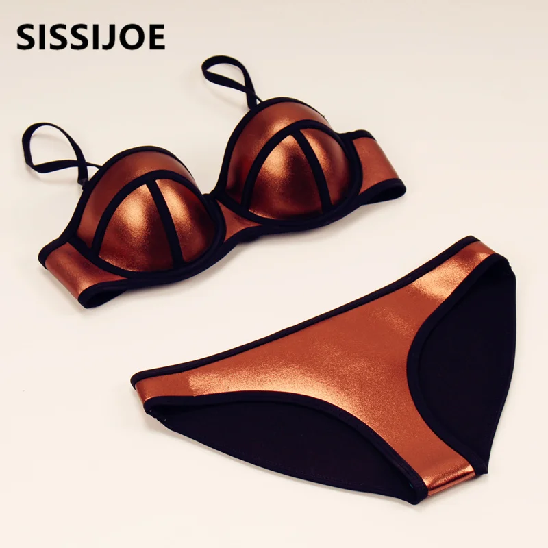 Женский купальник бикини с пуш апом золотого и серебряного цвета|womens neoprene bikini