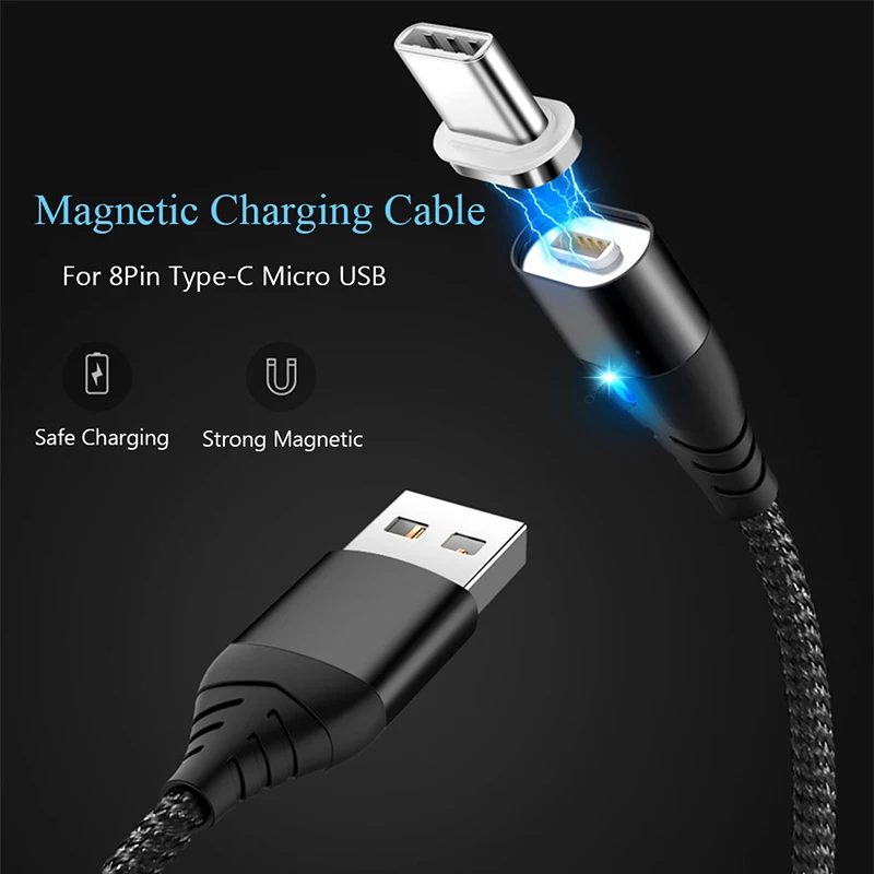 Магнитный кабель Micro USB Type-C для iPhone XS освещения 1 м 3 А быстрой зарядки Samsung S8 кабели