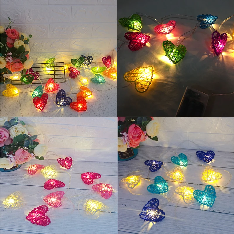 10 Led Rattan Love Heart Fairy String Decorative Lights Battery Operated Christmas Outdoor Patio Garland Wedding Decoration | Лампы и
