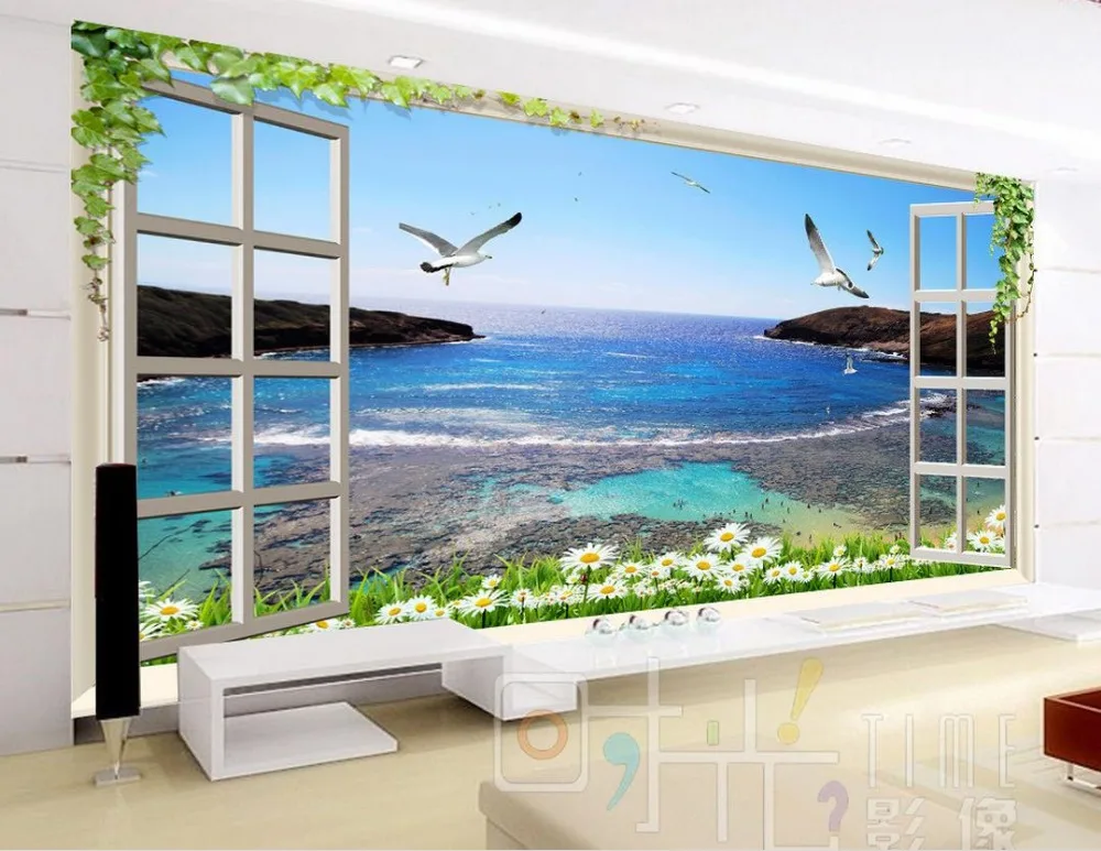 Пользовательские 3d обои окно цветы море фон декоративная живопись ванная