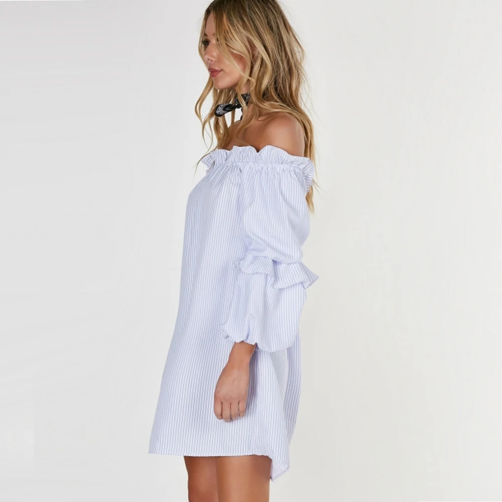 HDY Haoduoyi Sexy Slash Neck Ruffles Blouses Women Clothing Striped Lantern Long Sleeve Dress Casual Loose Pleated Mini Dresses | Женская