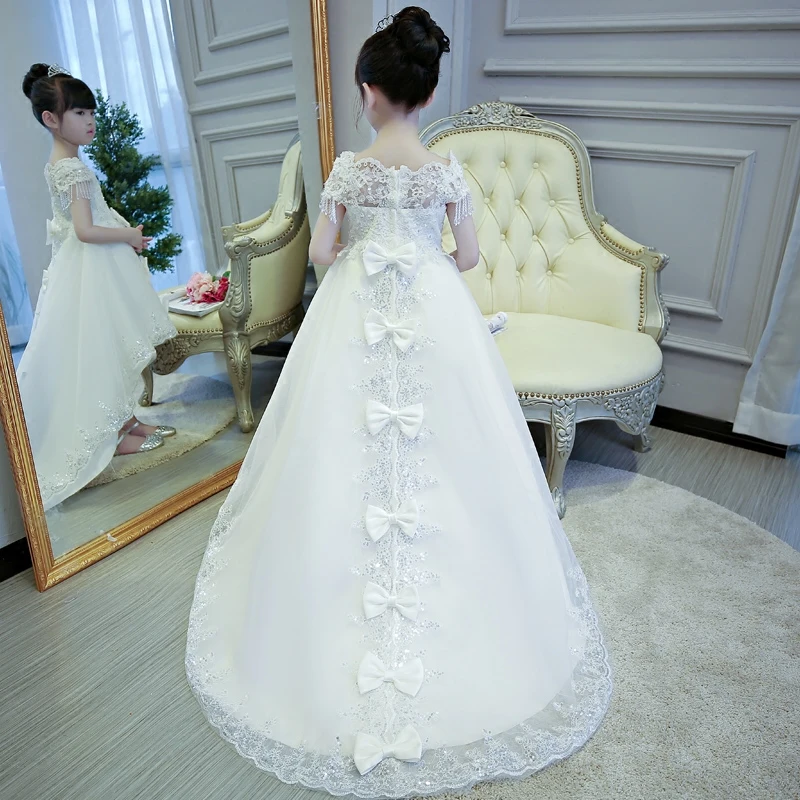 

2020 Hot-sales Girls Kids First Communion Piano Host Prom Dresses Sleeveless Ball Gown Court Train Girl Birthday Wedding Dresses