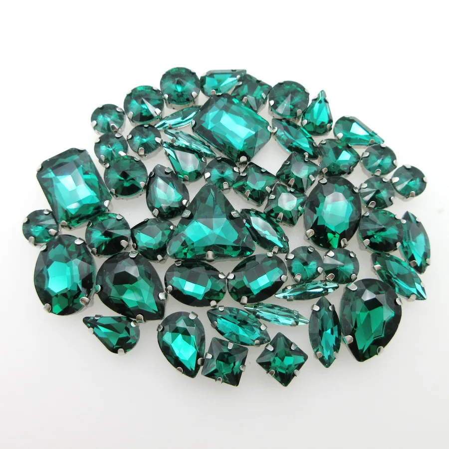 

Emerald glass crystal strass mix 13 shapes silver claw flatback sew on rhinestones beads bags garment accessories diy 50pcs/pack