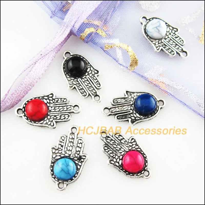 

24Pcs Tibetan Silver Flower Mixed Stone Charms Pendant Connectors 10.5x18mm