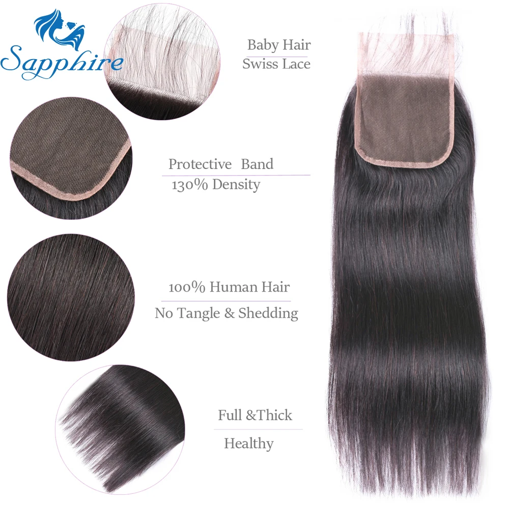 Сапфир перуанский натуральные волосы Связки с закрытием прямой волос 3 2 закрытия