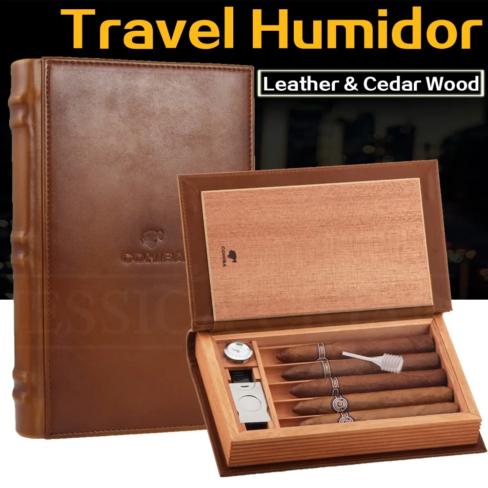 COHIBA Leather Cigar Travel Case Cedar Wood Humidor Box Portable Book Style 5 Tubes Cigare | Дом и сад