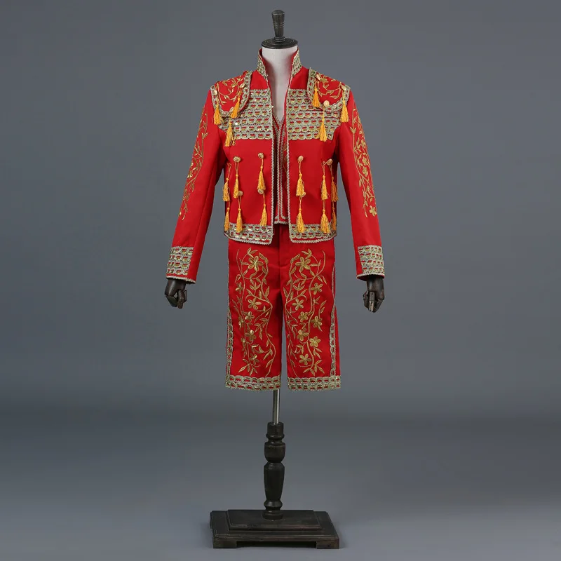 

Fashion Suits Men 2019 Long Sleeve Dress Casual Solid Suit Court Performance Matador Clothing Red Blue Fringed Two Piece Set